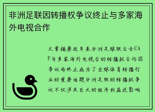 非洲足联因转播权争议终止与多家海外电视合作 非洲足联因转播权争议终止与多家海外电视合作