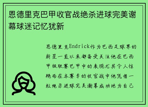 恩德里克巴甲收官战绝杀进球完美谢幕球迷记忆犹新 恩德里克巴甲收官战绝杀进球完美谢幕球迷记忆犹新